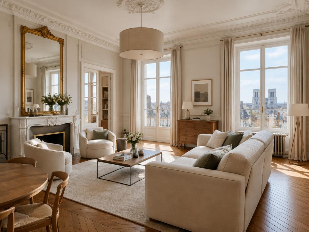 Séjour lumineux d'un appartement haussmannien à Orléans