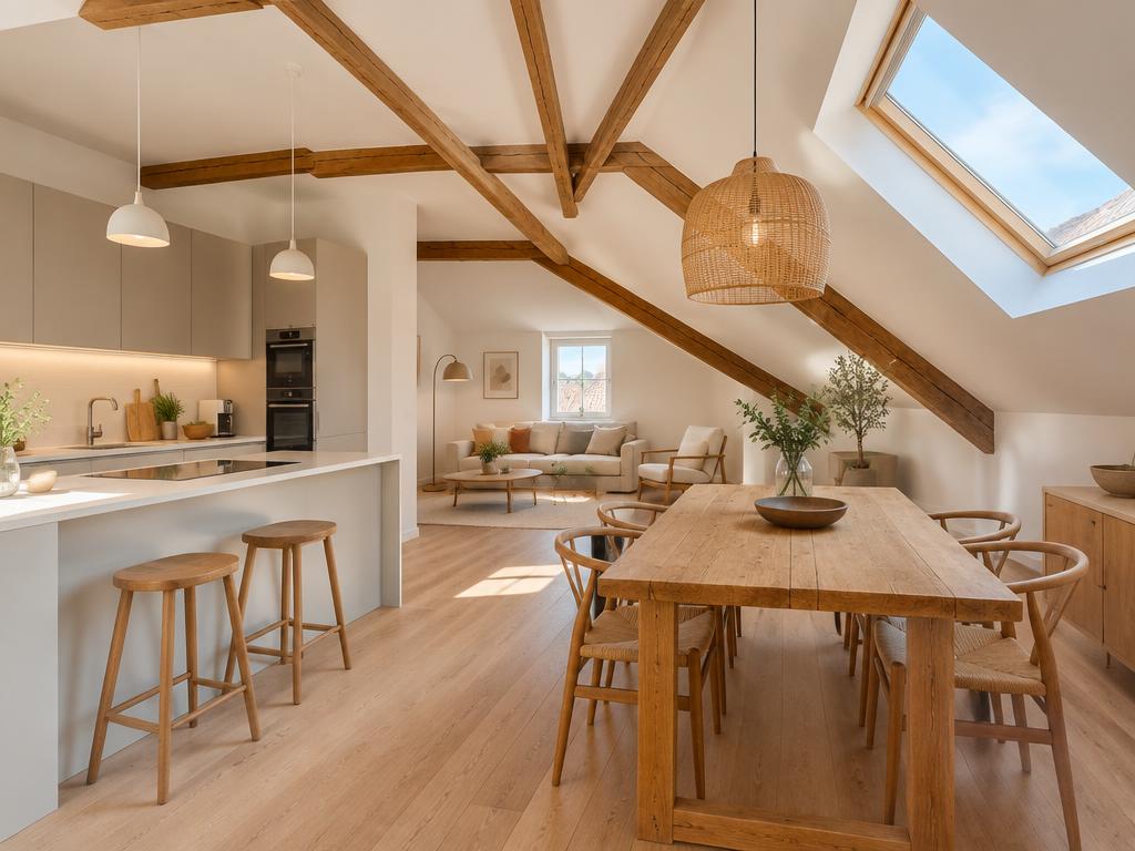 Duplex lumineux avec poutres apparentes et cuisine ouverte