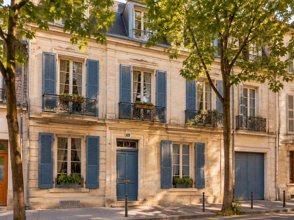 Hôtel particulier en pierre de taille avec volets bleus dans le centre d'Orléans