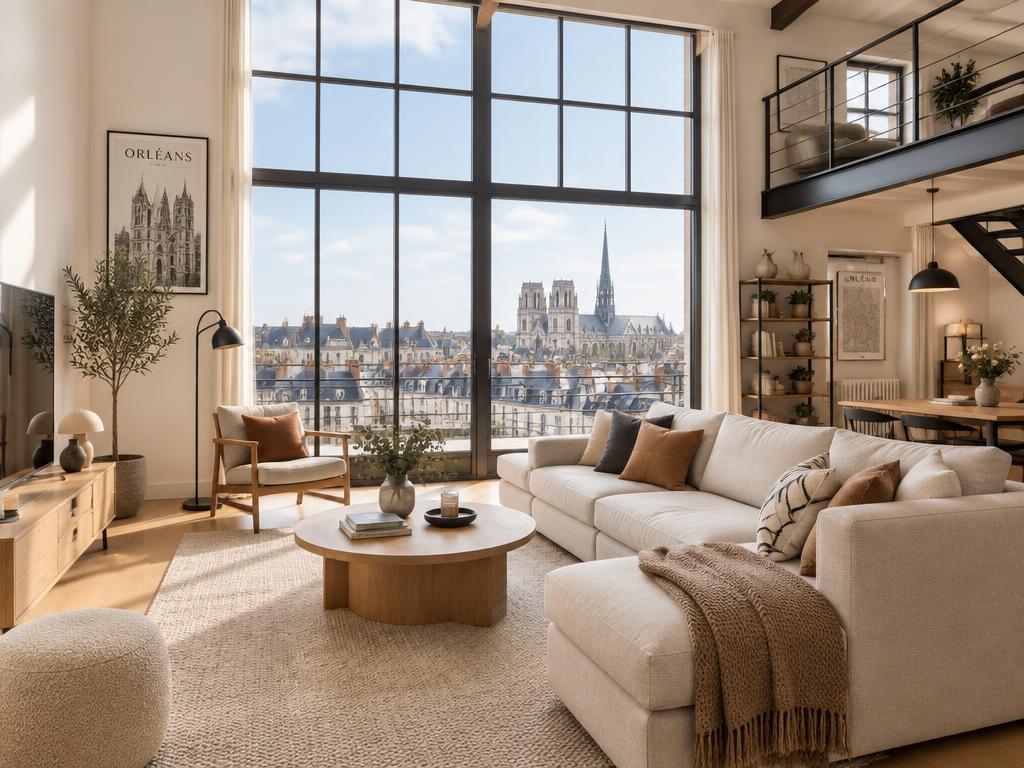 Loft lumineux avec grande verrière et vue sur les toits