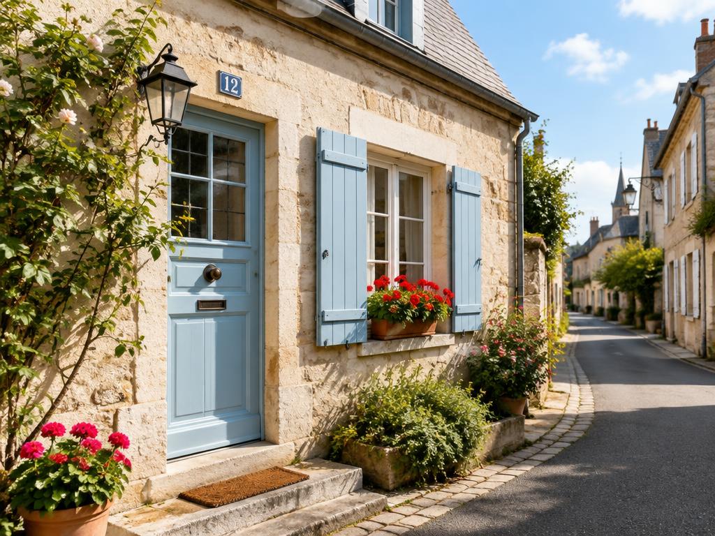 Maison de village en pierre avec volets bleus
