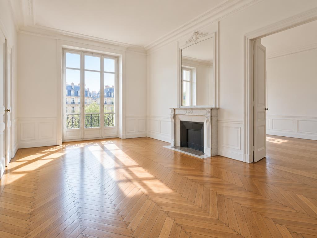 Séjour vide avec parquet à chevrons d'un appartement vendu à Orléans